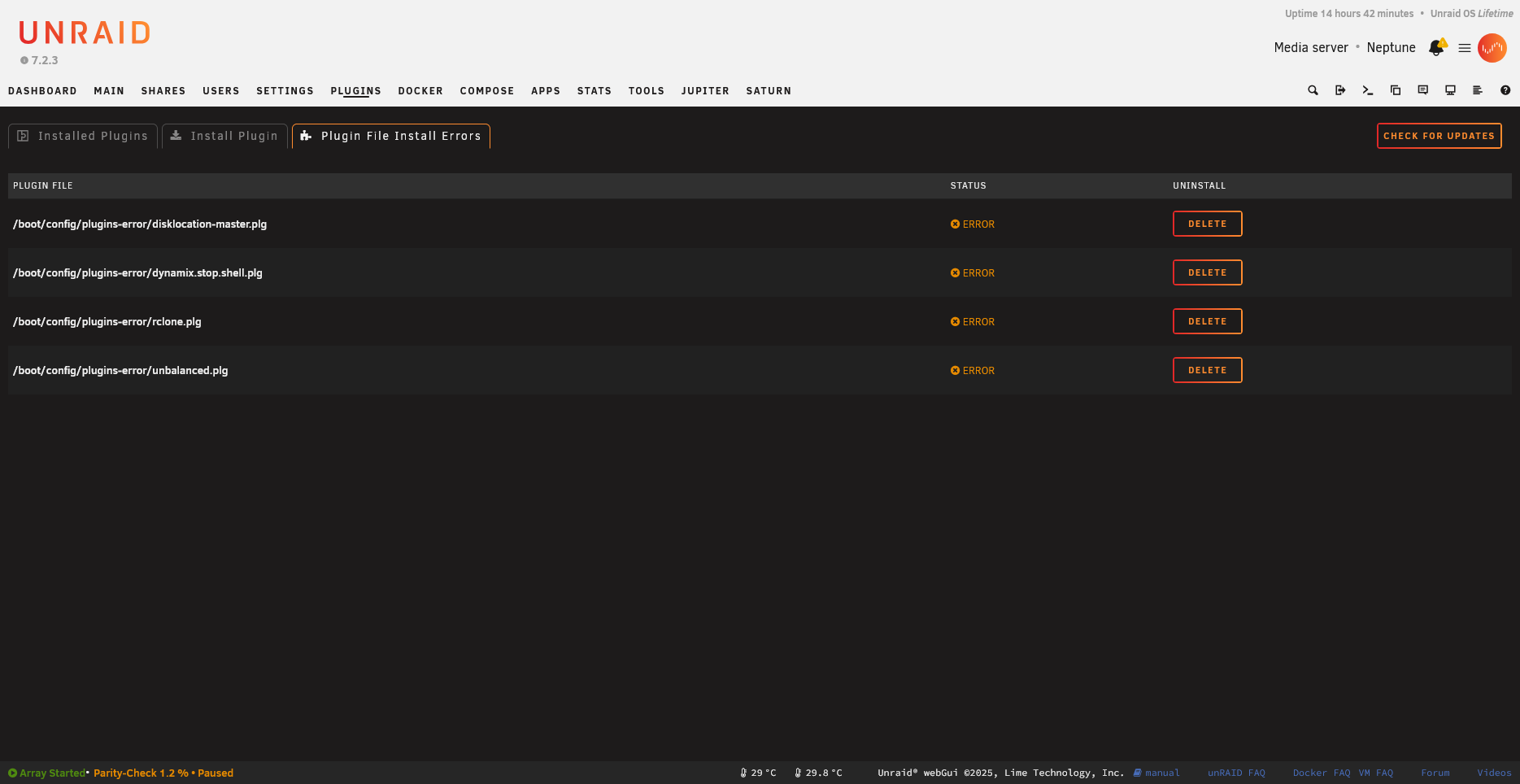 Plugin error display showing installation failures
