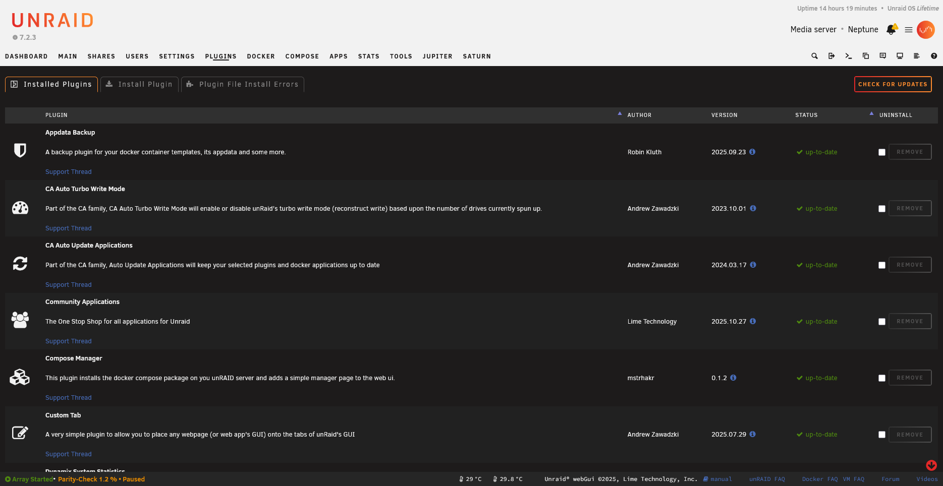 Unraid Plugins page showing installed plugins